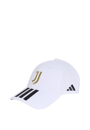 Fehér baseball sapka arany Juventus logóval az elején, három fekete csíkkal a napellenzőn és fekete Adidas logóval az oldalon.
