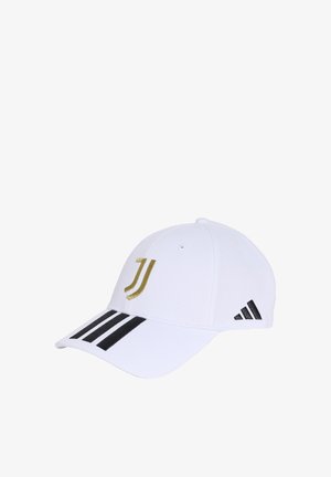 Casquette de baseball blanche avec logo Juventus doré à l'avant, trois bandes noires sur la visière et logo Adidas noir sur le côté.