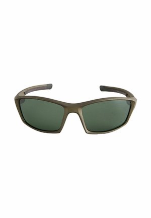 Lunettes de soleil à verres rectangulaires vert foncé avec monture en plastique bronze mat et branches légèrement courbées, vues de face sur fond blanc.