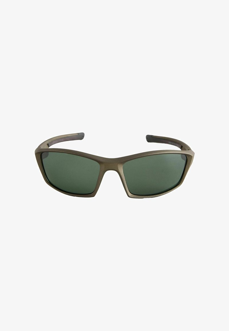 Lunettes de soleil à verres rectangulaires vert foncé avec monture en plastique bronze mat et branches légèrement courbées, vues de face sur fond blanc.