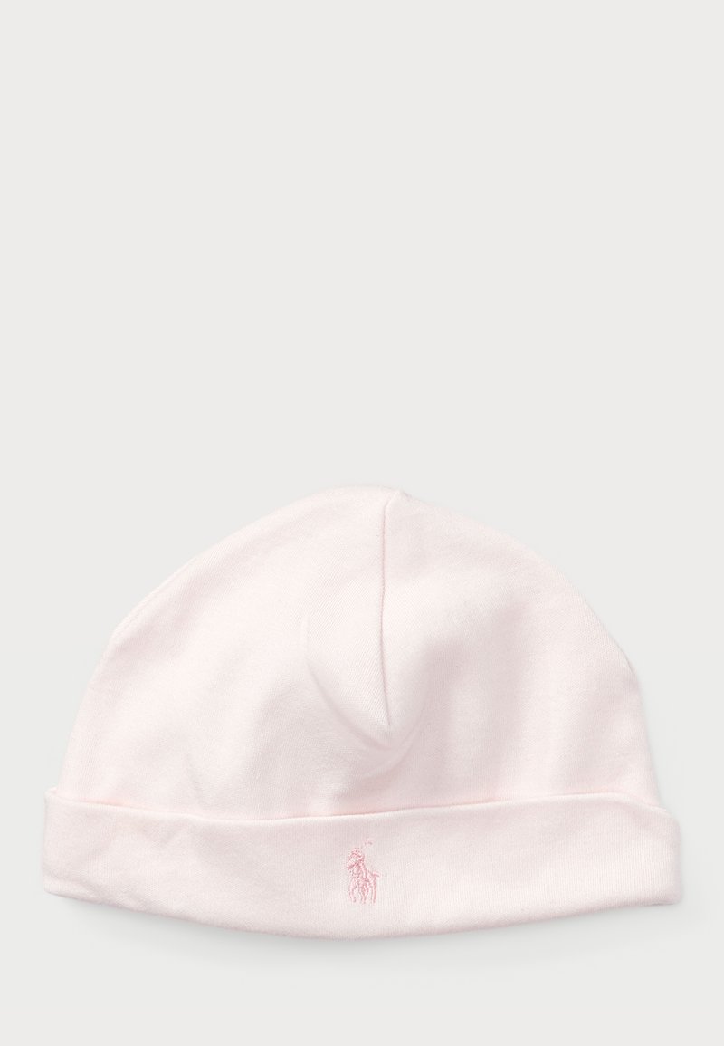 Rózsaszín pamut kötött sapka hajtott szélekkel és kis hímzett logóval. Puha textúra, lekerekített forma és letisztult dizájn.