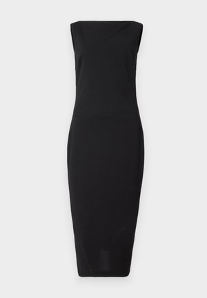 Črna brezrokavna obleka bodycon s ravnim izrezom, dolžina do kolen in gladka tekstura, zasnovana za prileganje silhueti.