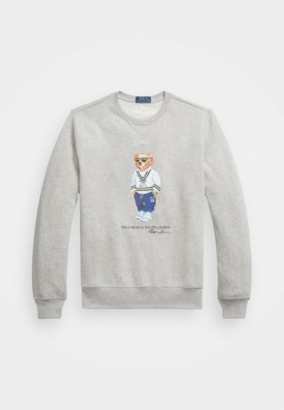 Gray sweatshirt featuring a bear illustration in a white RLTC jersey and blue pants. Rounded neckline and ribbed cuffs with branding details.