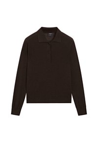 Dunkelbraunes Langarm-Polohemd aus weichem Stoff, mit einem kragenartigen Ausschnitt, einer Dreiknopf-Leiste und gerippten Bündchen.