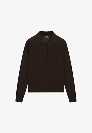 Dark brown long-sleeve polo shirt made of soft fabric, featuring a collared neckline, three-button placket, and ribbed cuffs.