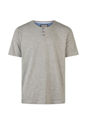 Grijze katoenen T-shirt met ronde hals, korte mouwen en een drieknops sluiting. Voorzien van een geribbelde kraag en een zachte textuur.