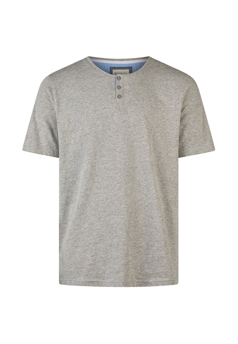 Camiseta de algodón gris con cuello redondo, mangas cortas y tapeta de tres botones. Presenta un cuello de canalé y una textura suave.
