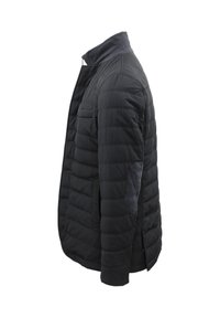 Giacca imbottita nera dal design strutturato, con collo alto, chiusura con zip e tessuto traforato su spalle e gomiti.