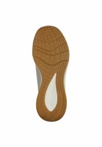 Suela de zapato de goma con un patrón texturizado; presenta un color claro con una sección de goma contrasta y un diseño curvado y ergonómico.