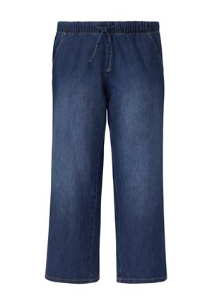 Pantalons en denim de couleur bleu foncé, à jambes larges, dotés d'une taille élastique avec cordon de serrage et de poches latérales. Pas de motifs ou d'accents visibles.