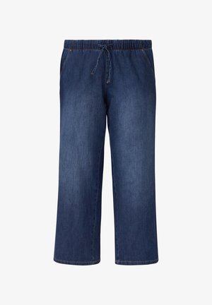 Pantalons en denim de couleur bleu foncé, à jambes larges, dotés d'une taille élastique avec cordon de serrage et de poches latérales. Pas de motifs ou d'accents visibles.