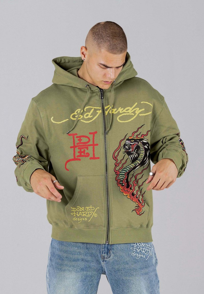 Ed Hardy DOUBLE HOODY - Mikina na zip - mosstone