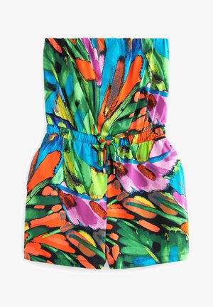 Multicolor jumpsuit met een levendige tropische print in groen, oranje en paars. Elastische tailleband met een trekkoord. Gemaakt van lichtgewicht stof.