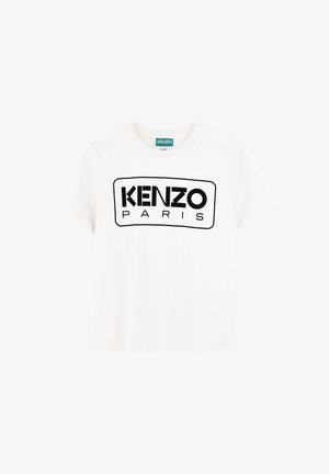 Maglietta bianca in cotone con logo rettangolare nero recante la scritta "KENZO" e "PARIS" stampata in grassetto. Collo rotondo classico. Maniche corte.