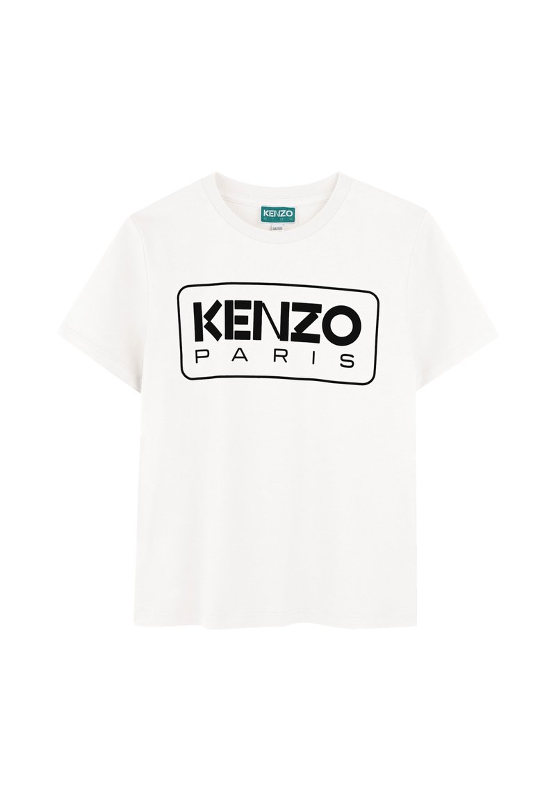 Maglietta bianca in cotone con logo rettangolare nero recante la scritta "KENZO" e "PARIS" stampata in grassetto. Collo rotondo classico. Maniche corte.