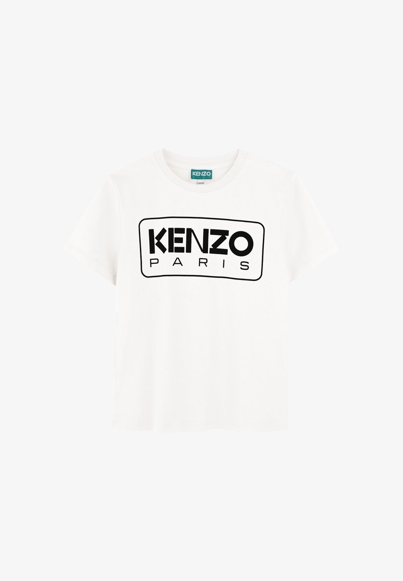 Witte katoenen t-shirt met een zwart rechthoekig logo waarop 'KENZO' en 'PARIS' in vetgedrukte tekst zijn afgedrukt. Klassieke ronde halslijn. Korte mouwen.
