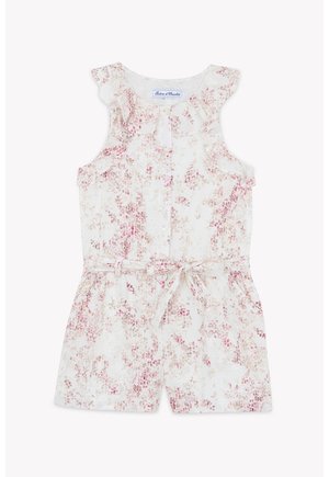 Combinaison blanche sans manches avec motif floral rose et beige, épaules volantées, boutons à l'avant et ceinture nouée à la taille.