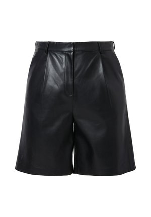 Mustat nahkashortsit, joissa on muotoiltu malli, etupleat, sileä pinta ja puolipitkä leikkaus.