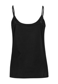 Black tank top made of cotton, featuring thin straps, a scoop neckline, and a straight hem. Simple design with a solid color throughout.