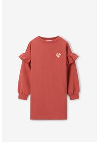 Rostfarbendes Baumwollkleid mit langen Puffärmeln, Rüschendetails und einem kleinen gestickten Herzchen auf der Brust.