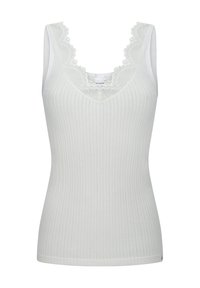 White ribbed tank top with a deep V-neck and decorative lace trim at the neckline. Soft texture with a fitted silhouette.