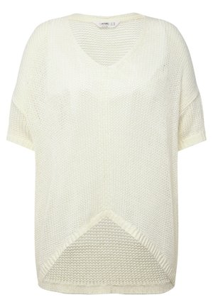 Sweter w kolorze kremowym, dziany, z dekoltem w serek i krótkimi rękawami. Charakteryzuje się luźnym, przewiewnym krojem oraz diagonalnym wzorem na dolnym brzegu i prążkową teksturą.