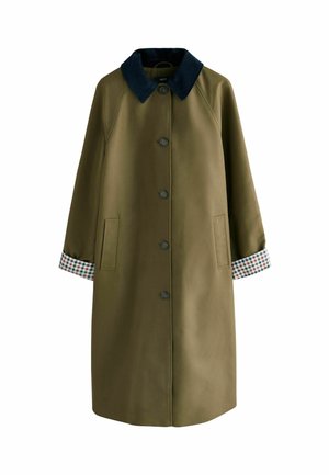 Olive green coat featuring a navy corduroy collar, large buttons, and check-patterned cuffs. Includes two front pockets.
