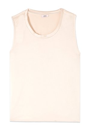 Ärmelloses hellbeiges Tanktop mit rundem Halsausschnitt und glattem Stoff, flach auf weißem Hintergrund präsentiert.