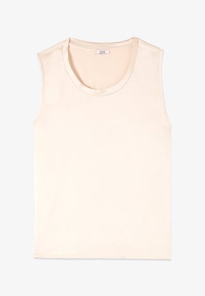 Ärmelloses hellbeiges Tanktop mit rundem Halsausschnitt und glattem Stoff, flach auf weißem Hintergrund präsentiert.