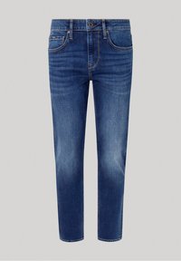 Mörkblå denimjeans med rak passform, fem fickor, blekta sektioner på låren och knappstängning. Klassiska sömnadsdetaljer framhäver designen.