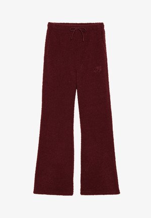 Bordowe spodnie o szerokich nogawkach z miękkiego materiału polarowego, z elastycznym pasem ze sznurkiem i subtelnym haftowanym logo z przodu.