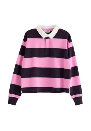 Polo a maniche lunghe con righe orizzontali rosa e viola scuro, colletto bianco e chiusura a bottoni classica sul collo.