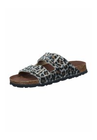 Leopard print slide sandal with two adjustable straps, cork footbed, textured fabric, and rubber sole for enhanced grip and durability.