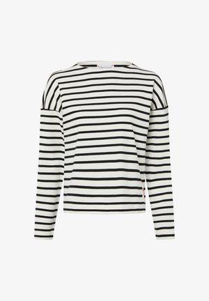 Langärmeliges gestreiftes Oberteil in Weiß und Schwarz. Verfügt über einen Rundhalsausschnitt und eine lockere Passform. Weicher Stoff mit horizontalen Streifen und dezentem Etikettakzent.