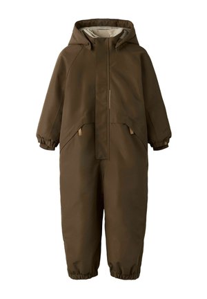 Bruine kinder skipak met capuchon, elastische manchetten, voorrits bedekt door een klep en twee zijzakken.