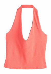 Top coral cu bretele în formă de halter, cu un decolteu adânc în V, realizat dintr-un material ușor, cu o textură fină și un design simplu, neîmpodobit.