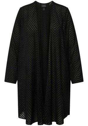 Kimono noir transparent avec un motif en zigzag, doté de manches longues et d'un design à ouverture frontale. Sa texture légère et fluide améliore le drapé.