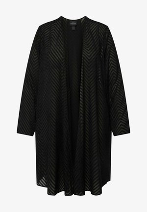 Sort gennemsigtig kimono med et fiskebensmønster, der har lange ærmer og et åbent frontdesign. Letvægtsstof med en struktureret overflade.