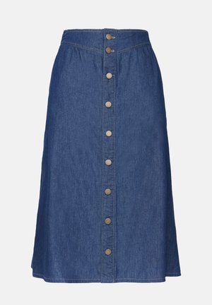 Tamsiai mėlyna džinsinė sijonas tiesia siluetu, su mygtukų uždarymo priekyje ir subtiliais siuvinėjimo akcentais siūlėse.