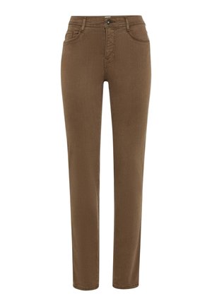 Brune denim jeans med lige pasform, fem-lomme stil, lukning med topknap og diskrete syninger på sømmene.