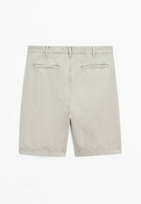 Beige Baumwollshorts mit einer glatten Textur, ausgestattet mit zwei Gesäßtaschen und einem geraden Schnitt mit einem gesäumten Saum.