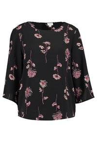 Schwarze Bluse mit 3/4-Ärmeln im Glockenstil, die pinke Blumenmuster aufweist, runden Ausschnitt hat und locker sitzt. Glattes Gewebe mit leichter Textur.