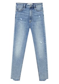 Jeans skinny de color azul claro con ligero desgaste, estilo de cinco bolsillos, cierre de botón y dobladillos deshilachados.