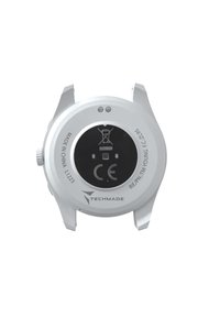 Cassa dell'orologio argentata con un retro circolare nero che presenta marcature CE e un'icona di una clessidra. Doppio pulsante argentato sul lato sinistro.