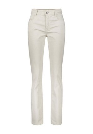 Beige, enganliegende Damenhose mit Fronttaschen, Gürtelschlaufen und einem Knopfverschluss in der Taille.