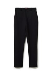 Pantaloni neri realizzati in un tessuto liscio, caratterizzati da un design a gamba dritta, passanti per cintura e tasche frontali. Stile minimalista senza fantasie.