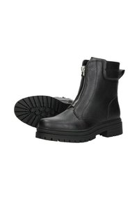 Zwarte enkellaarsjes van leer, met een zijrits, een stevige rubberen zool met profielen, en een gestructureerde afwerking.