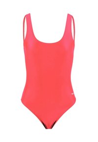 Maillot de bain une pièce rose vif avec de larges bretelles et un décolleté en scoop, présenté sur fond blanc.