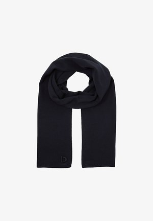 Námornícky modrý pletený šál s hladkým povrchom, s detailom loga. Dlhý, obdĺžnikový tvar navrhnutý na teplo a pohodlie.