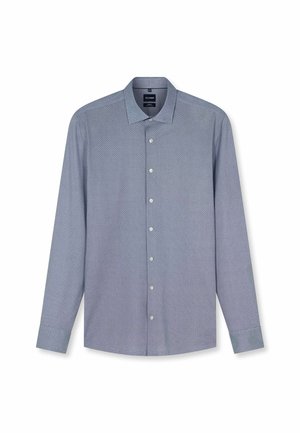 Blauw overhemd met lange mouwen met subtiel textuurpatroon, klassieke kraag en manchetten met één knoop, plat gelegd op een witte achtergrond.